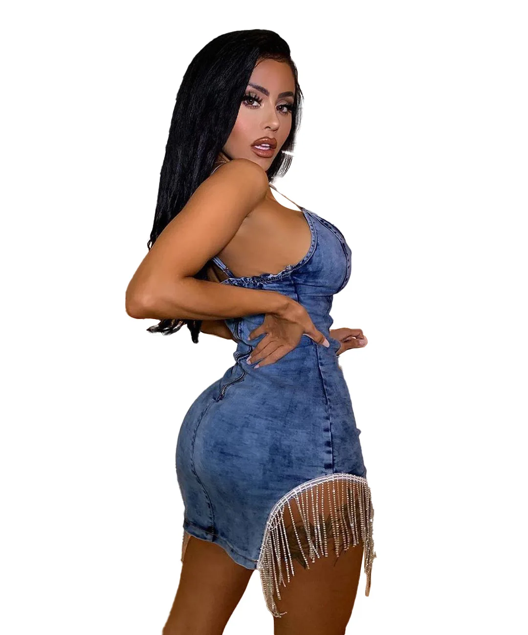 

FNOCE Cross-border Foreign Trade Tassel Sequin Dress Fashion Strap Denim Exposed Backpack Hip Mid-length Slim Denim Skirt Women