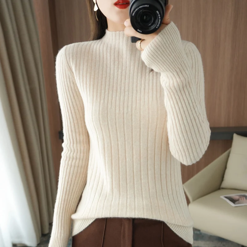 

Half-Height Splicing Pit Strip Sweater Women's Knitted Pullover Basic Simple Slim Versatile Bottoming Top 21 Autumn/Winter New