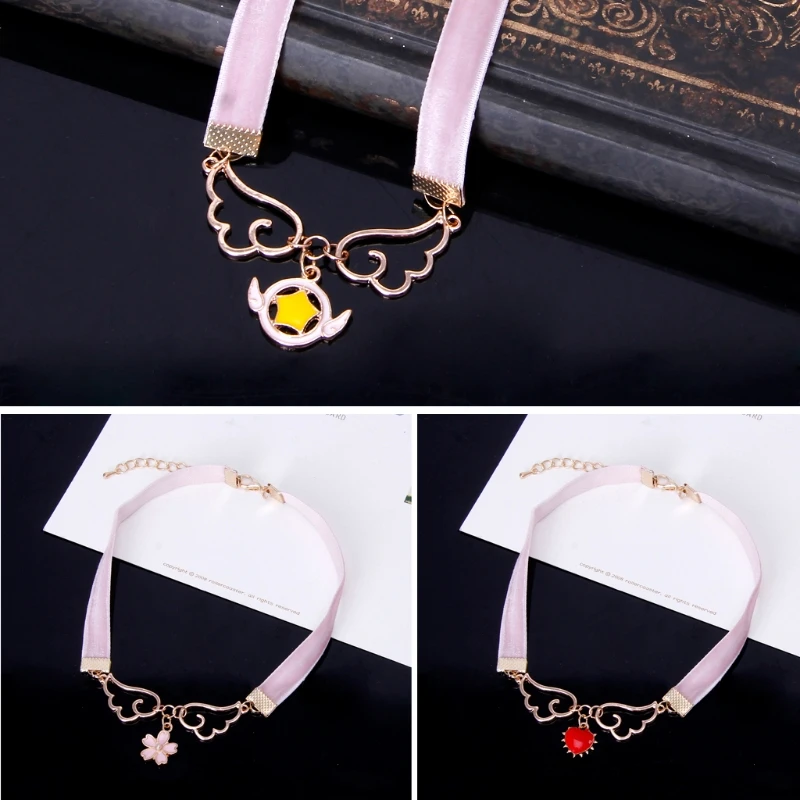 

Cosplay Pendant Necklace Enamel Wing Star Heart Card Captor Sakura Velvet Choker LXAD