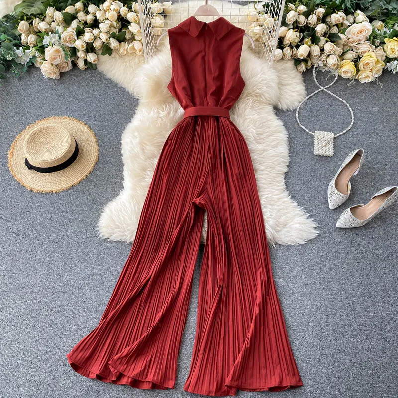 

Spring and Summer Retro Trendy One-piece Suit Women's Suit Collar Sleeveless Tie-up Waist Was Thin High-waist Wide-leg Pants