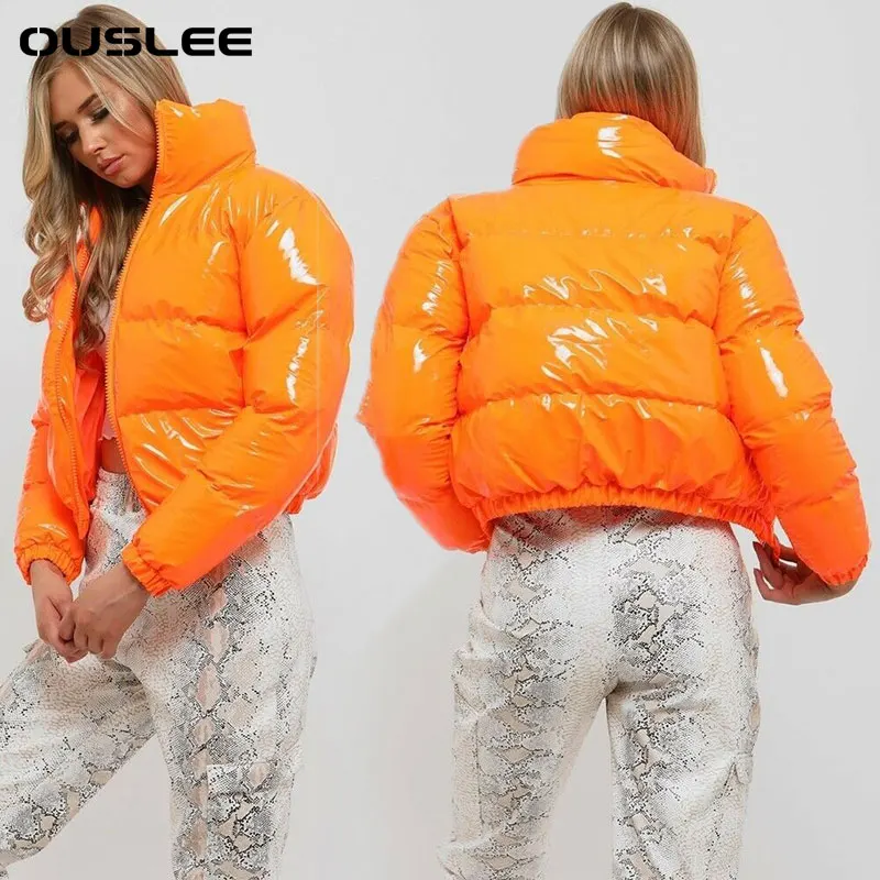 OUSLEE Women Bright PU Pink Puffer Jacket Winter Warm Bubble Coats Shiny Leather Parkas Down Zipper Cropped Jackets Parkas