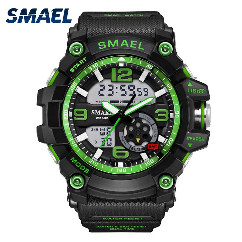 Green SMAEL военные мужские часы с двойным дисплеем, ударостойкие водонепроницаемые спортивные кварцевые цифровые наручные часы, мужские часы 1617 - Цвет: Green