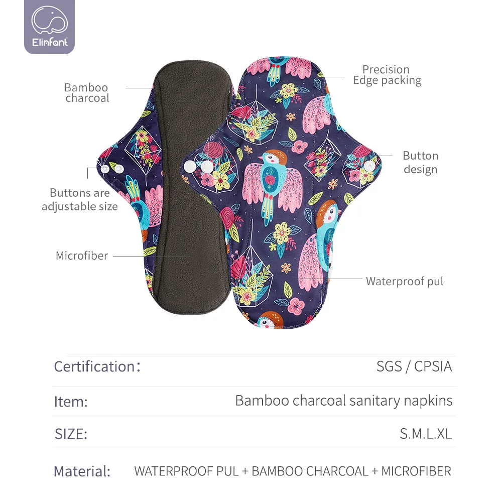 Elinfant 4pcs/set Bamboo Charcoal Waterproof Washable Menstrual Pads Panty Liner Reusable Sanitary Pads