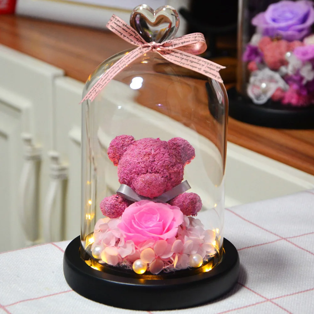 

Eternal Preserved Fresh Rose Lovely Teddy Bear Molding Led Light In A Flask Immortal Rose Valentine's Day Mother's Day Gifts