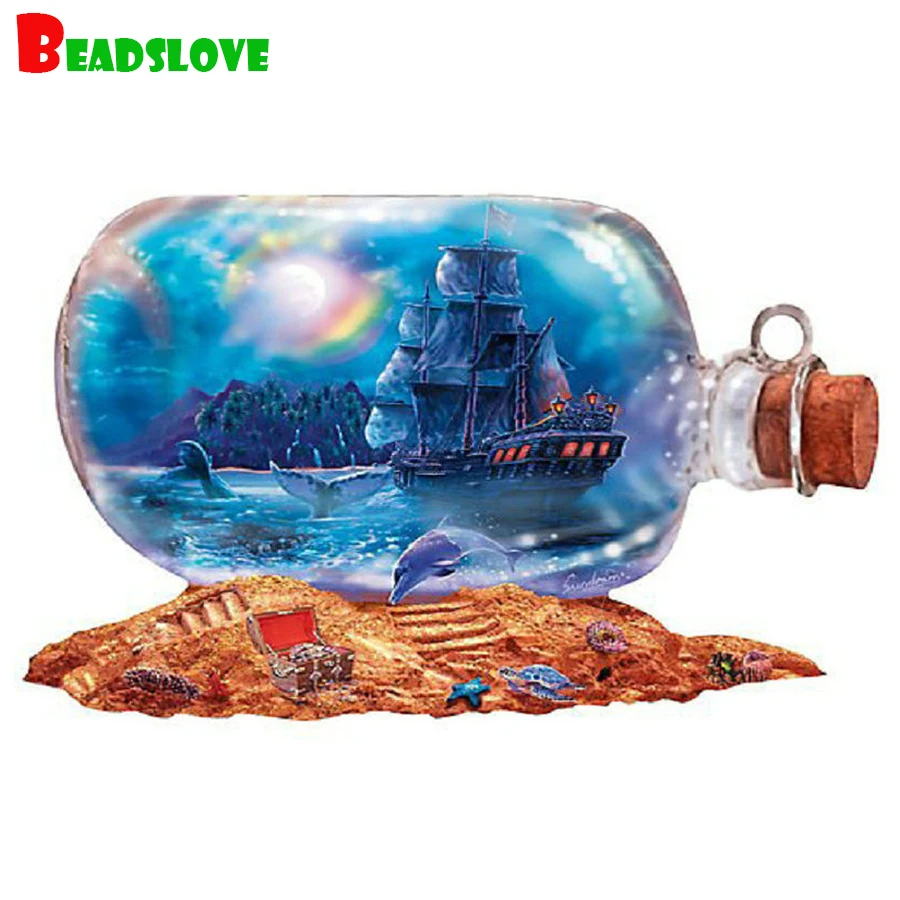 

Bottle sailing Diamond Painting Full Square round Diamond pictures 5D DIY Embroidery Cross Stitch dolphin Mosaic Diamond mazayka