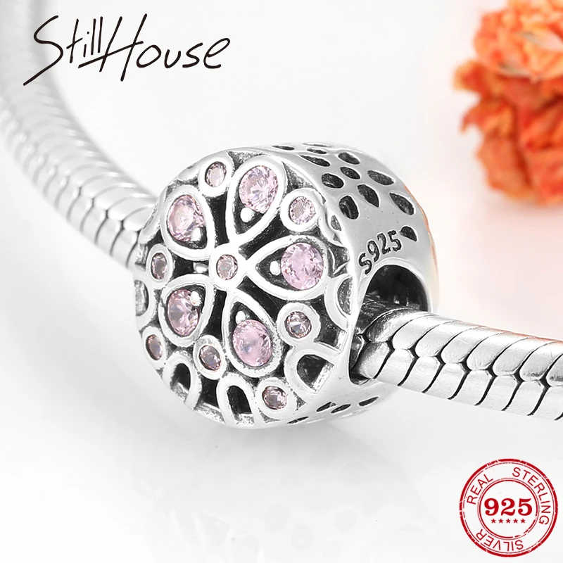 Hot sale 925 Sterling Silver beautiful charm Hollow pink CZ Flowers beads Fit Original European Charm Bracelet Jewelry making | Украшения и