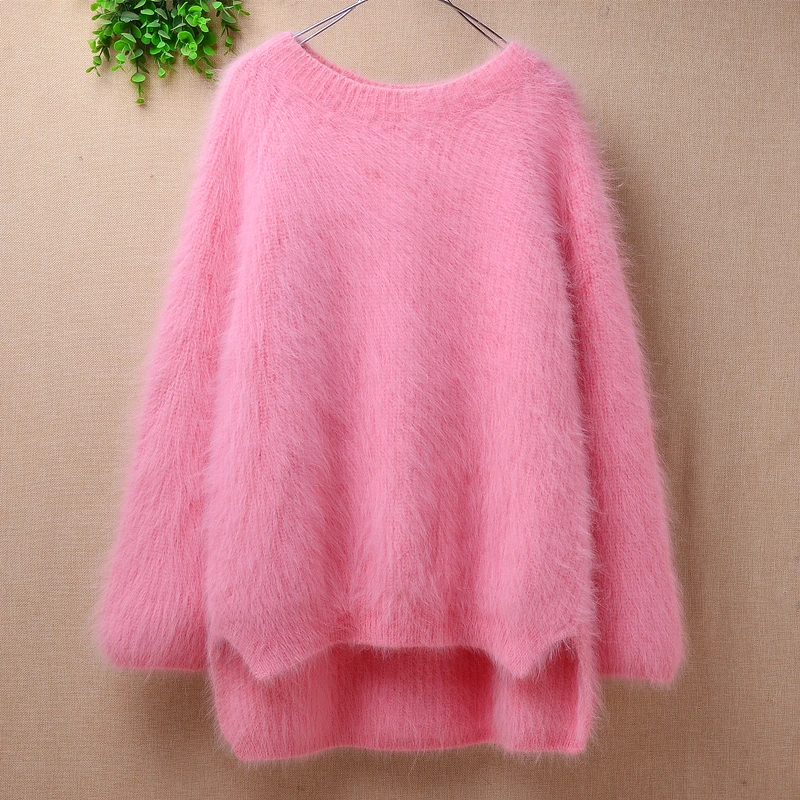 

2020 ladies women fashion sweet pink fuzzy mink cashmere knitted long sleeve loose pullover angora rabbit fur winter pull jumper