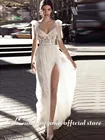 Свадебное платье с высоким разрезом, с открытой спиной, в богемном стиле, сексуальное кружевное платье на бретельках, свадебное платье с аппликацией, свадебное платье