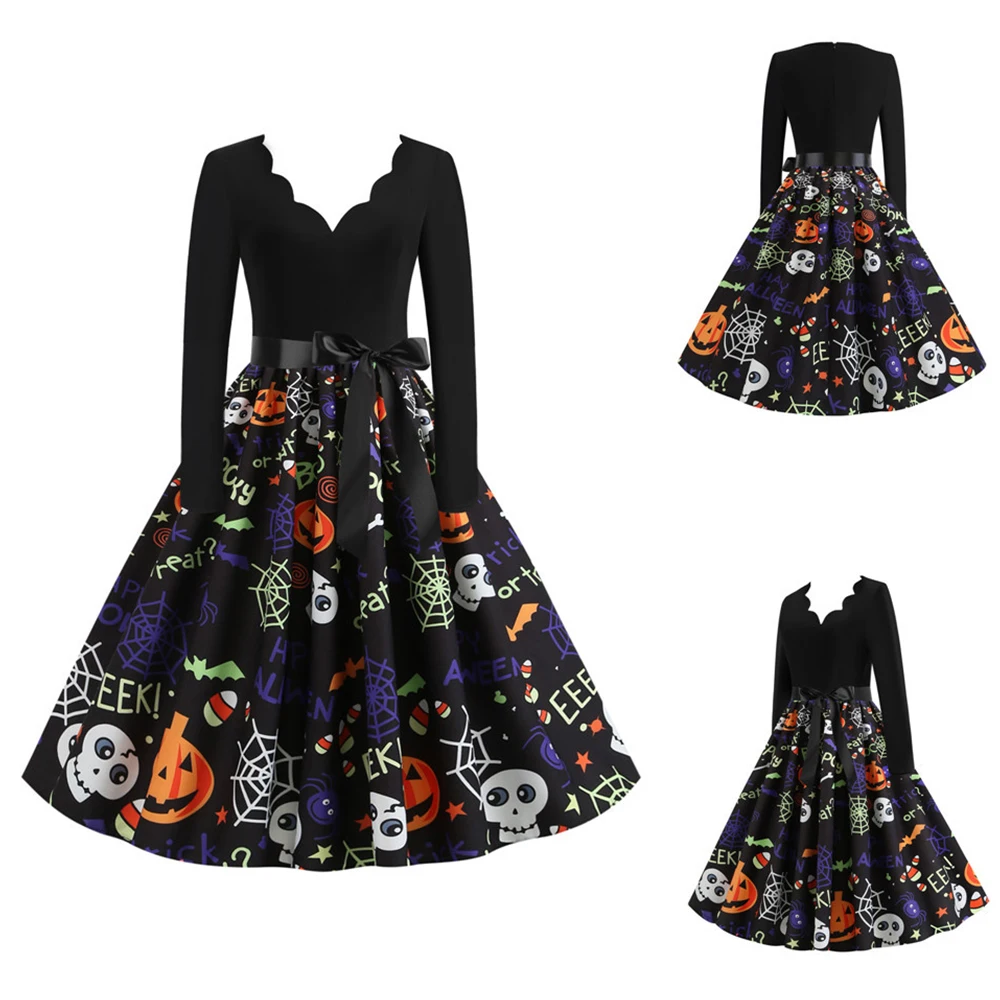 Женское винтажное платье с v образным вырезом и длинным рукавом в стиле ретро на