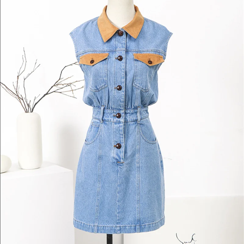 

Женское повседневное Синее джинсовое платье, элегантное винтажное платье-рубашка в стиле High Street с отложным воротником, без рукавов, 2021