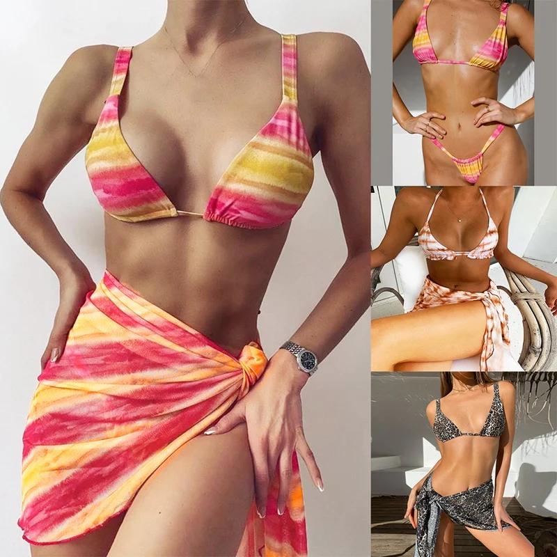 

Sexy 3 Piece Swimsuit Women Push Up Padded Bikini Brazilian Bathing Suit Thong Bikini Swimwear Women Skirt