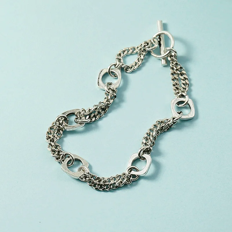 

New 925 Sterling Silver Fashion Jewelry Taiyin Splicing Square Retro Student Simplicity Chain Women's Chain Bracelet