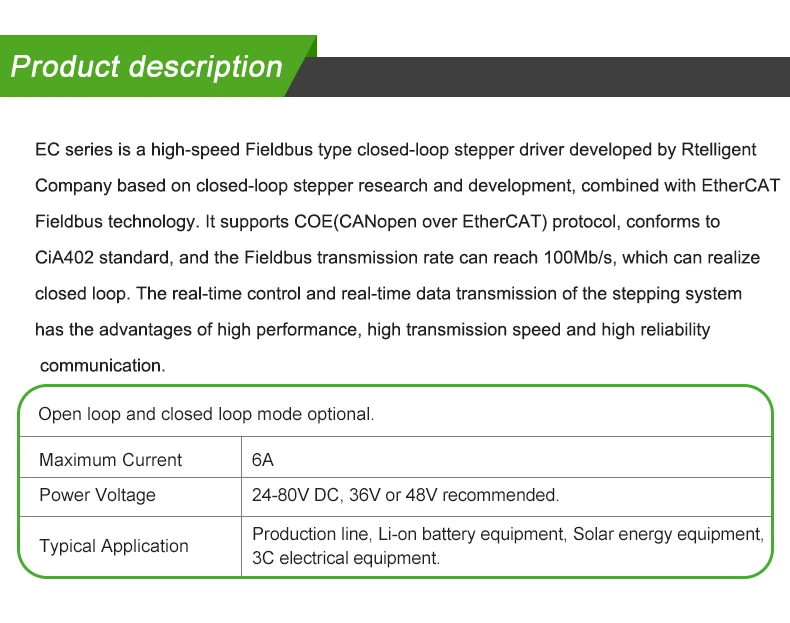 Rtelligent Nema 23 24-80 В постоянного тока EtherCAT Fieldbus Тип замкнутый контур Драйвер шагового двигателя CiA402 стандарт