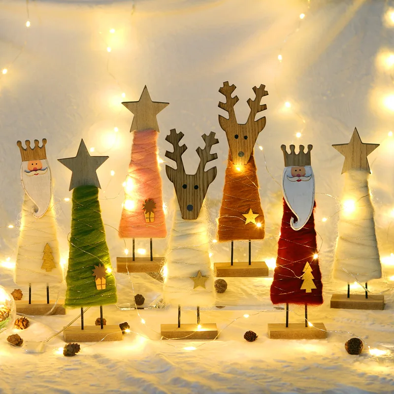 

Wool Felt Wooden Santa Claus Snowman Elk Desktop Decoration Cute Christmas Tree Fabric Doll Pendant