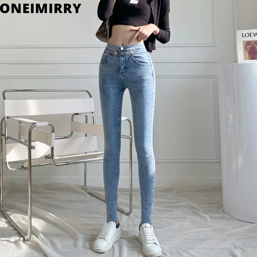 

Elastic Skinny Jeans Women High Waist Denim Pencil Pants Fall Winter 2021 Fashion Two Buttons Vintage Cotton Clothes Trousers