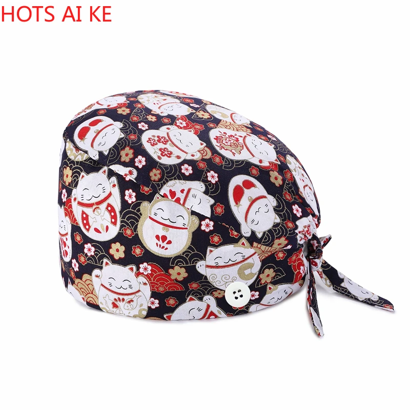 

Cotton Cartoon Print Hats Adjustable Button Scrub Nursing Laboratory Uniform Accessories Women Broadcloth