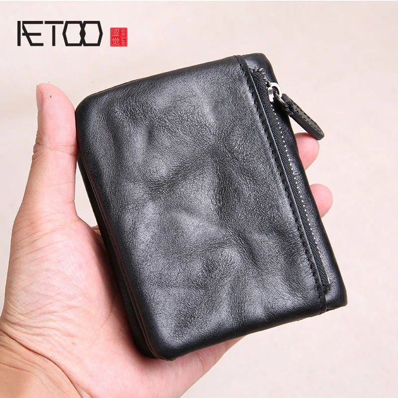 Мужской короткий кожаный кошелек AETOO маленький ручной работы в стиле ретро зажим