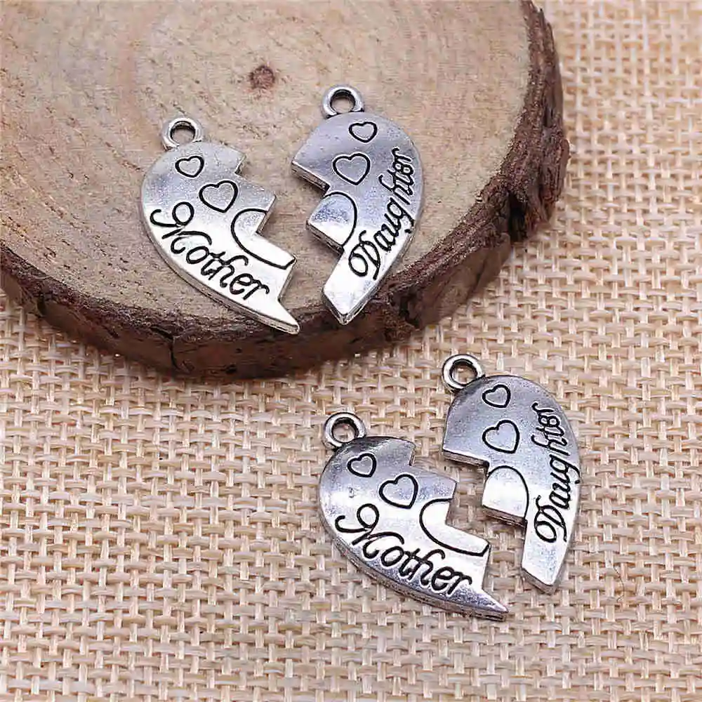 

Jewelery Pendants Making Charms For Jewelry 10pcs Mother And Daughter Heart Puzzle Charms 24x21mm Antique Silver Plated