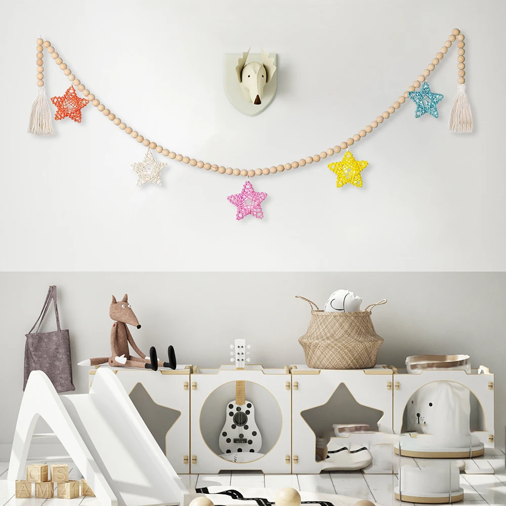 

Children's Baby Room Tassel Decoration Wooden Beaded Garland Stars with Tassels Decoration Props For Kids Room Gift Ornament