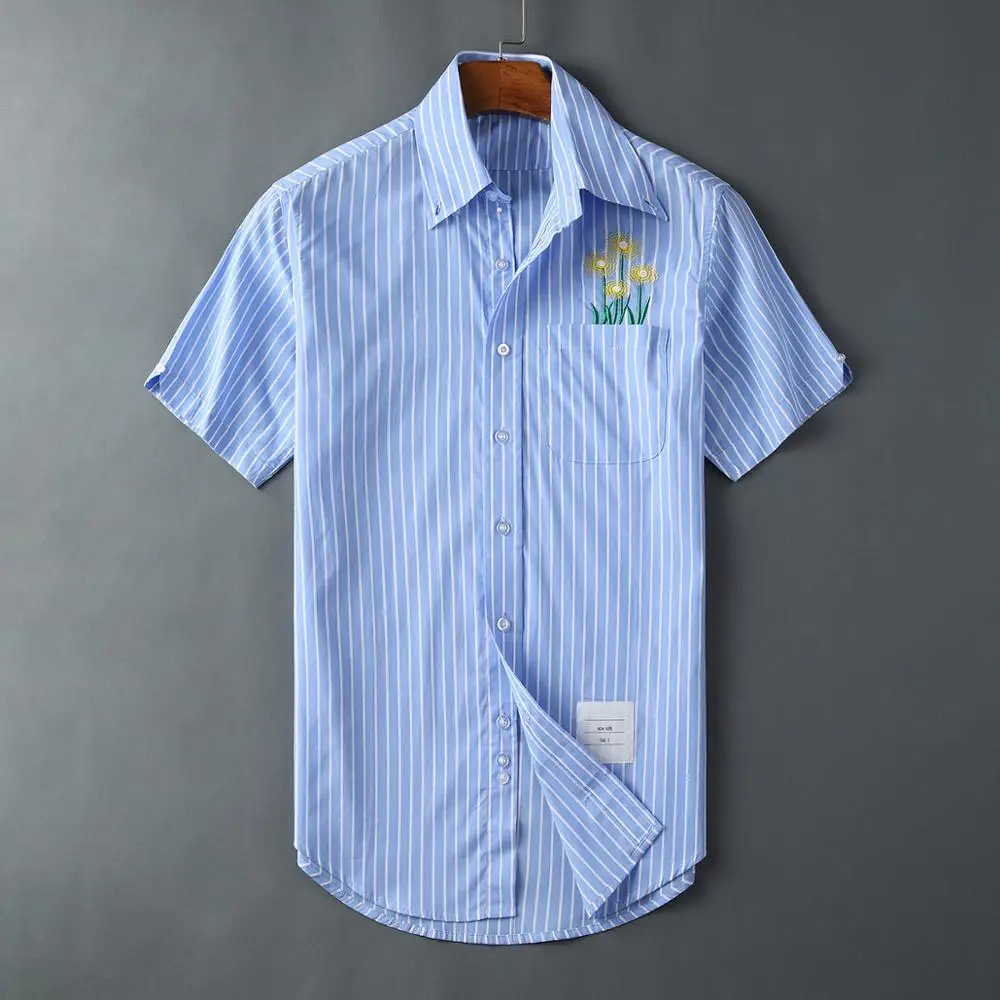 

New 19 Men Oxford embroidery Striped Blue Dandelion Cotton Casual Shirts Shirt high quality Pocket Short-sleeves Top M 2XL #M58