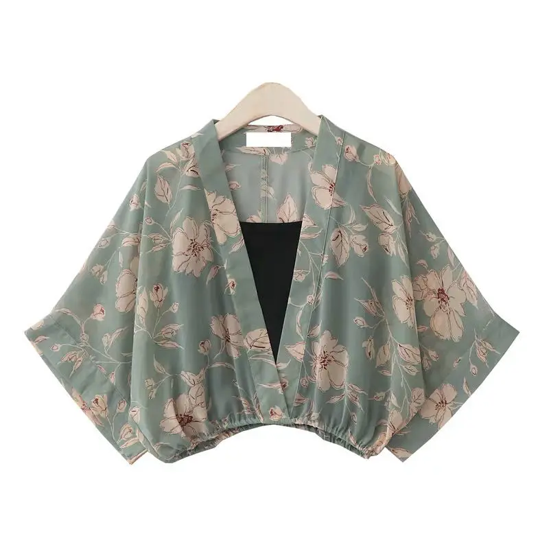 

Pink Flowers Summer New Retro And Japanese Style Small Fresh V-neck Short Chiffon Shirt Bat Sleeve Two Piece Set