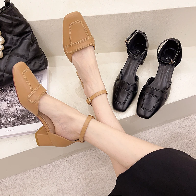 

Lady Shoe 2021 Summer New Thick Heeled High Heels Hollow Button Women's Sandals Buckle Strap Square Toe Single Shoes Sandalias