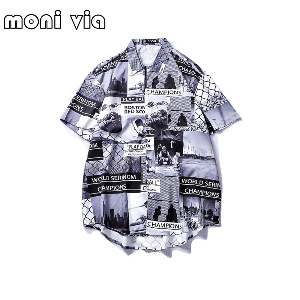 

Hong Kong Retro Style Men's Shirt Street Hip Hop Loose Fashion T-shirt Beach Holiday Hawaiian Printing Short Sleeve Male Clothes