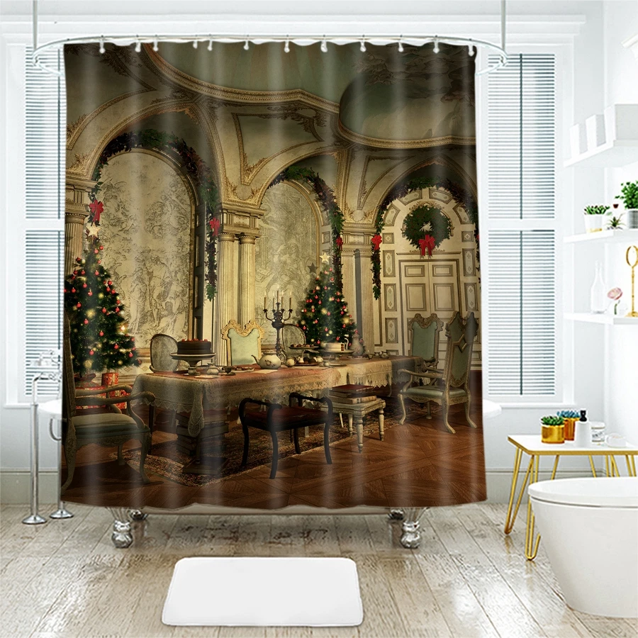 3d Christmas Shower Curtains Fireplace Cabin Pattern Waterproof Thickened Bath for Bathroom Customizable | Дом и сад