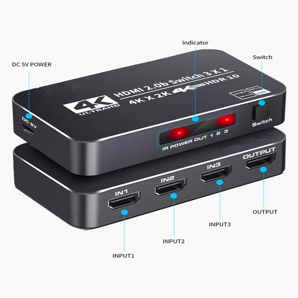 

4K HDR HDMI Switch 3 Ports HDMI 2.0 Switcher Selector with IR Wireless Remote, Supports UltraHD Dolby Vision