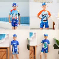 2021 new hot one piece toddler boy swimwear with hat fish cartoon print children swimsuit bathing suits kids beach clothes