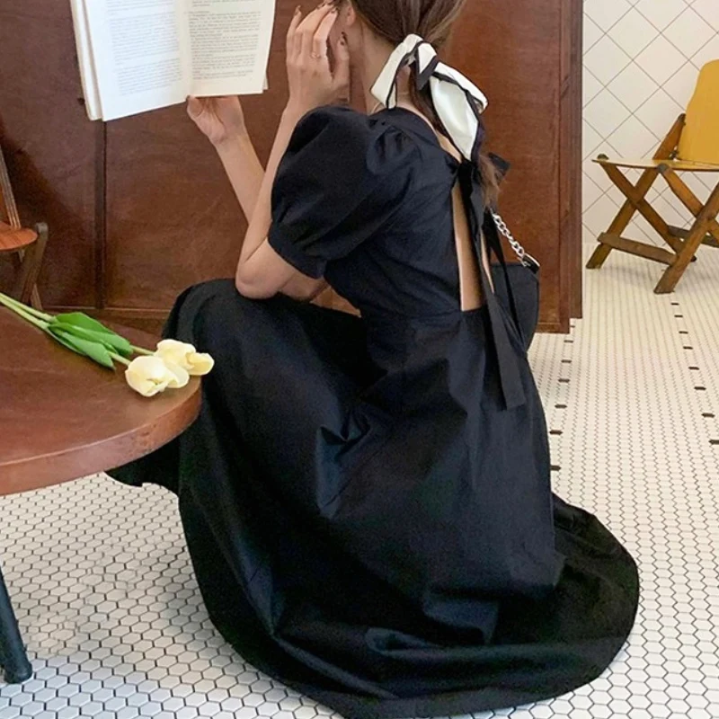 

Korean Fashion Backless Gothic Black Dresses Women Short Sleeve Bow Vintage Midi Dress Elegant 2021 Summer Design Square Collar