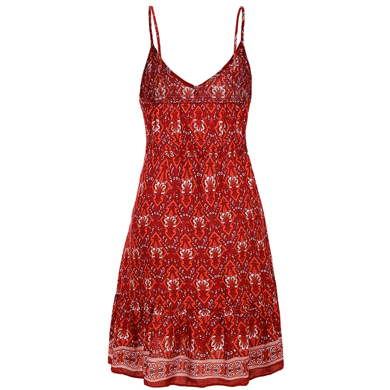

Sexy Spaghetti Strap Floral Dress Women Summer Boho Beach Mini Dresses Fashion Button V-neck Backless Romantic Bohemia Vestidos