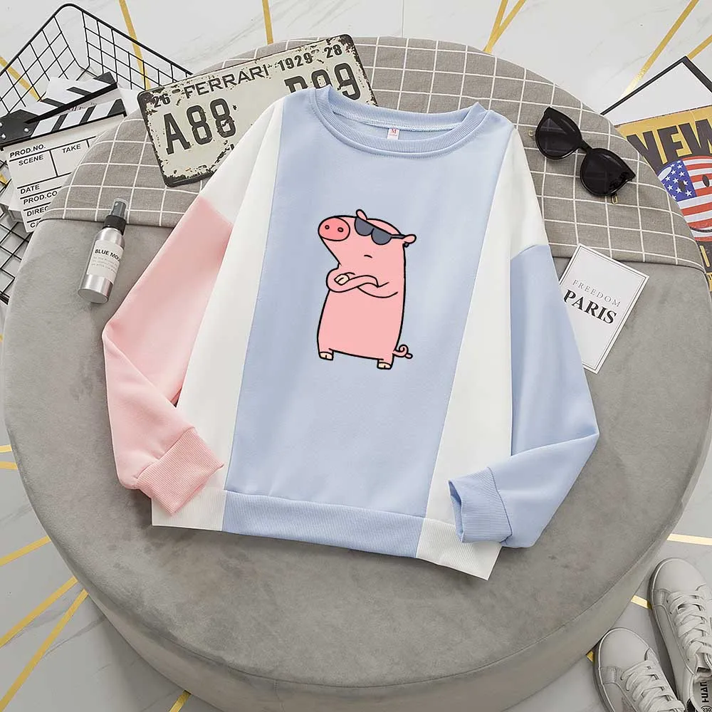 

Pig Толстовка Цвет блок футболка с круглым вырезом и с длинными рукавами Толстовка эстетику Kawaii одежда Harajuku Блузки женские блузки женские мо...