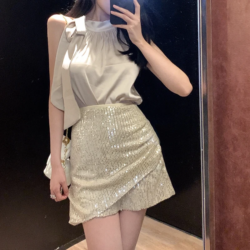 

Korean Fashion Vintage Mini Dress Office Lady Bandage Design Sleeveless Elegant Y2k Dresses Women Casual 2021 Summer 2 Piece Set