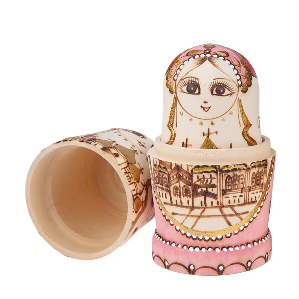 

7pcs Wooden Matryoshka Toy Dolls Pure Handwork Linden Wood Church Castle Russian Castle Nesting Kid Xmas Gift DIY Crafts