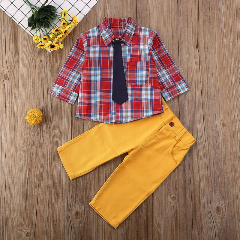 Autumn Toddler Kids Baby Boy Shirt tie long sleeve Plaid Tops Hosen Long Pants Gentleman Outfits Clothes 1-6 Years |