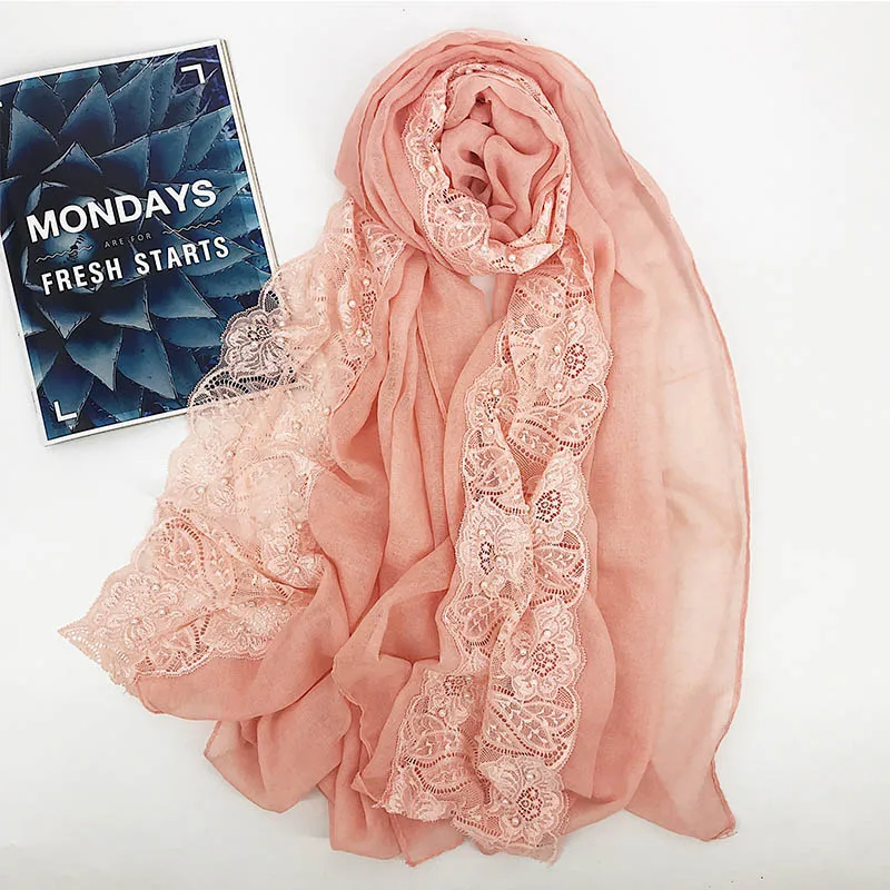 6 Lace floral hijab scarf plain beads cotton headband scarves wraps shawls hijab spring muslim scarf 180*80cm - Цвет: 6
