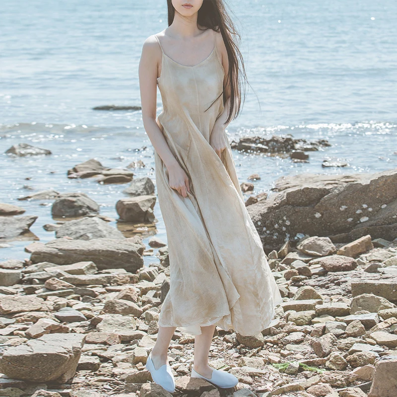 

Женское Хлопковое платье в стиле пэчворк Johnature, однотонное длинное платье без рукавов, с круглым вырезом, винтажная удобная одежда на лето ...