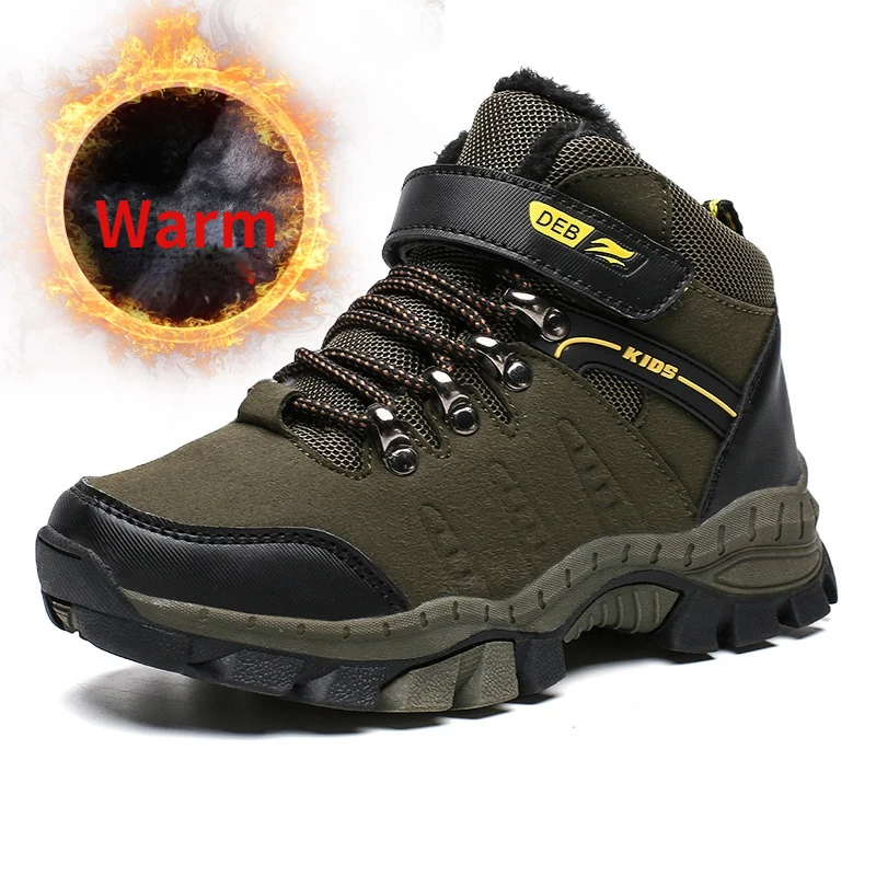 Kids Winter Shoes for Boys Brand Warm Boots Army Green Sport Training Shoes Anti-Slip Basket Boys Hiking Shoes High Top Sneakers