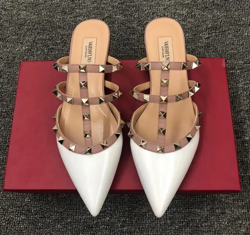 v brand shoes women flat slipper black nude patent leather real sandals with rivets 34-43 red box | Обувь