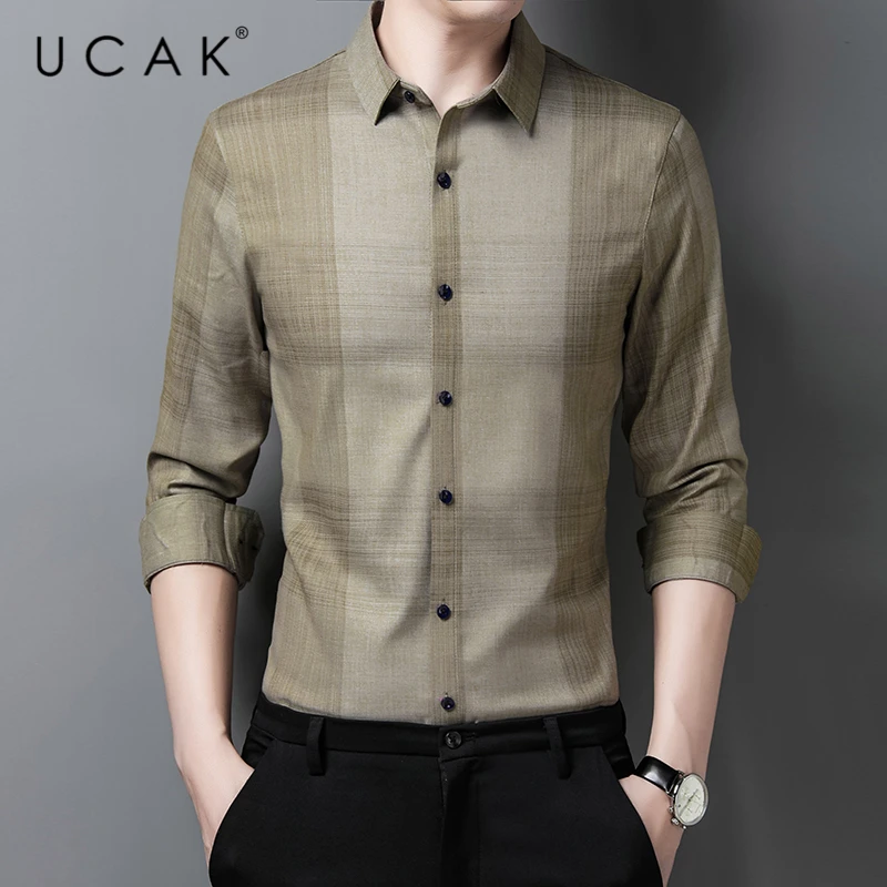 цена UCAK Brand Streetwear Long Sleeve Shirt Men Clothes Spring New Arrival Clothing Casual Turn-down Collar Plaid Shirts Homme U6177