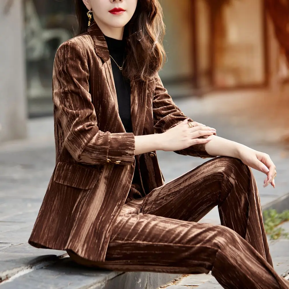 Korean autumn and winter velvet business wear women's jacket and pants wine red golden velvet suit women's suit two-piece pants