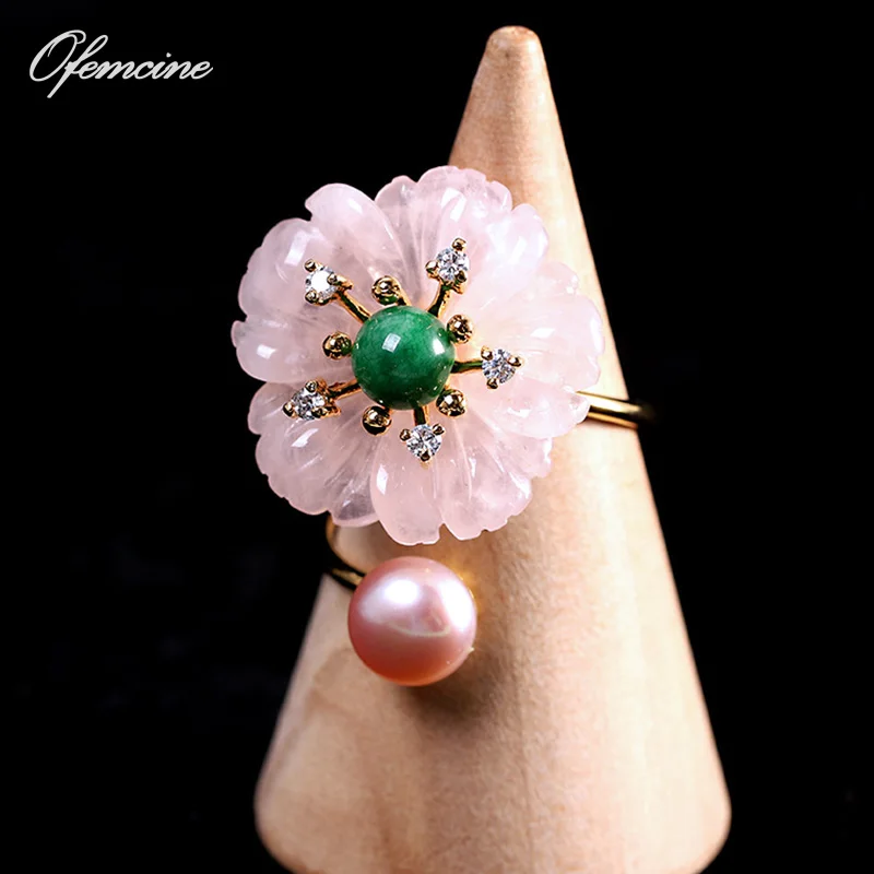 

Ofemcine Real Gemstone Natural Carved Flower Rings for Women Golden Luxury Chic Pearl Handmade Open Ring S925 Silver Jewelry