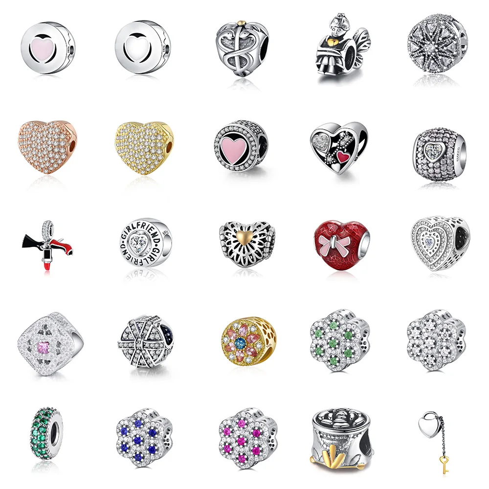 

925 Sterling Silver Bead Angel Snake Red Heart Crystal Flower Beads For Women Diy Pandora Charms Bracelets Bangles Necklace