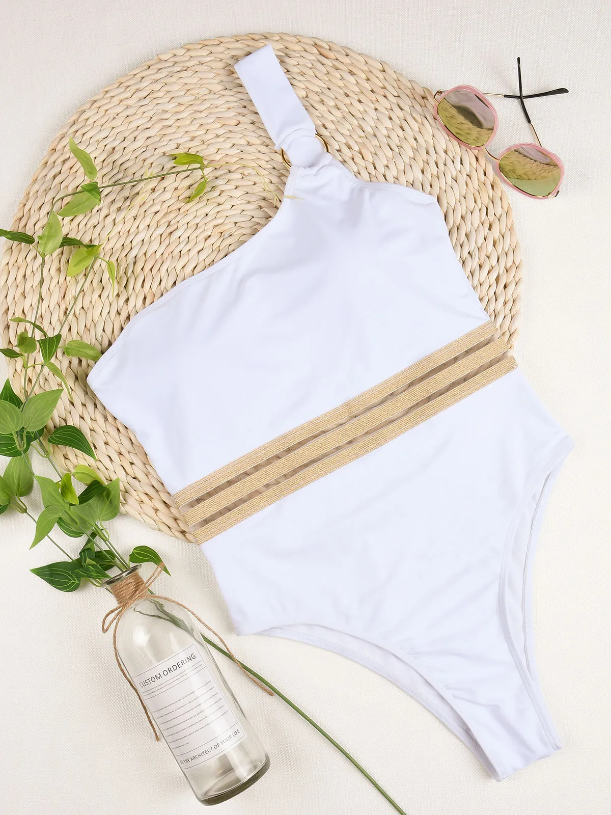 

One Shoulder 2021 Sexy Women One Piece Swimsuit Solid Swimwear Female Ring Thong Brazilian Monokini Bathing Suit Women