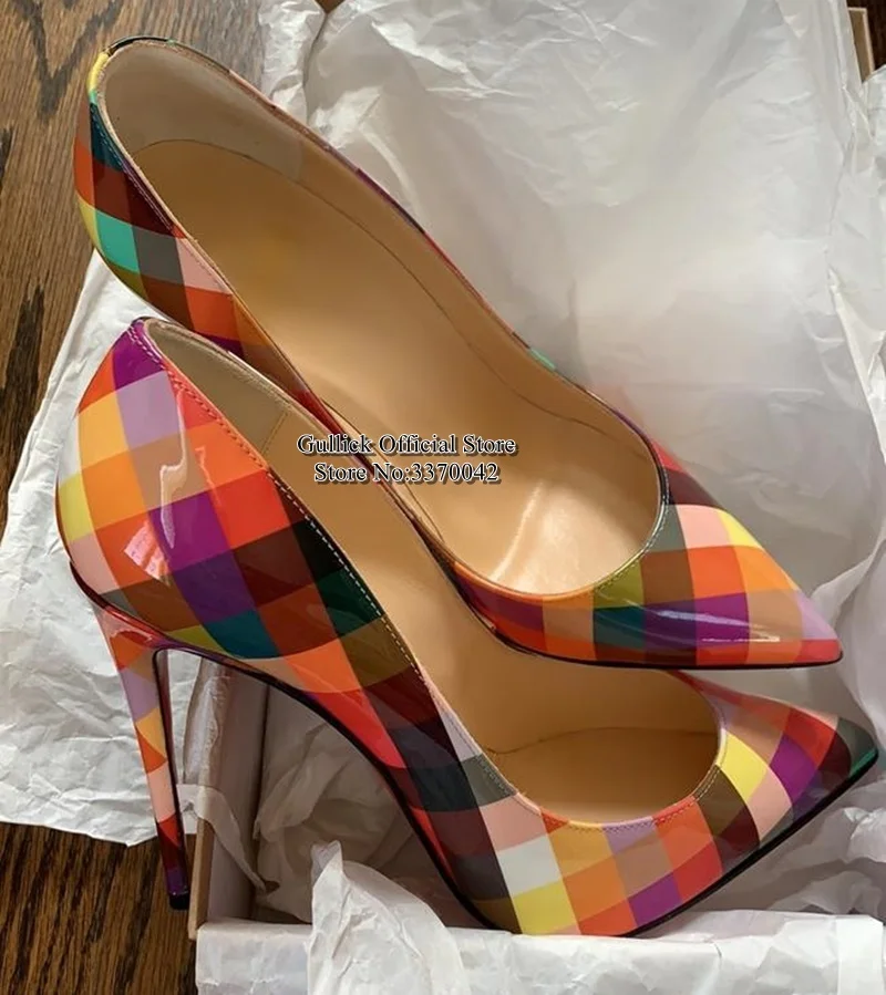 

Multicolor Square Printed Patent Leather Shallow Dress Shoes Pointy Toe 12CM Stiletto Heels Pumps Celebrating Banquet Shoes