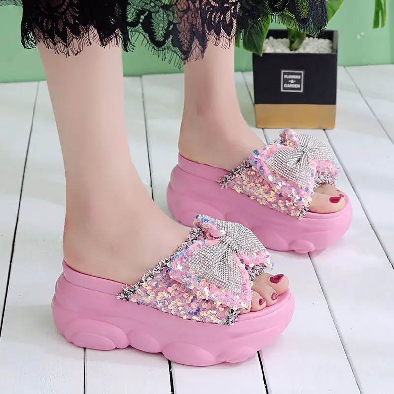 

European And American Fashion Sweet Sequined Bowknot Wedges With Thick-Soled Elegant Ladies Slippers Summer Fashion Outer Wear.