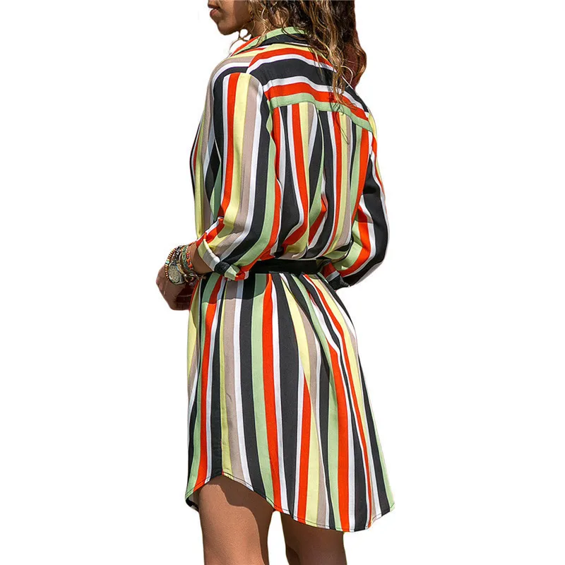

Long Sleeve Shirt Dress Summer Boho Beach Dresses Women Casual Striped Print A-line Mini Party Dress Vestidos