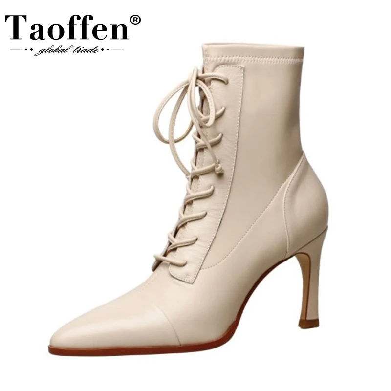 

Taoffen/Размеры 33-40; Женские сапоги на высоком каблуке; Зимняя обувь из натуральной кожи на шнуровке; Женские модные пикантные сапоги до середин...