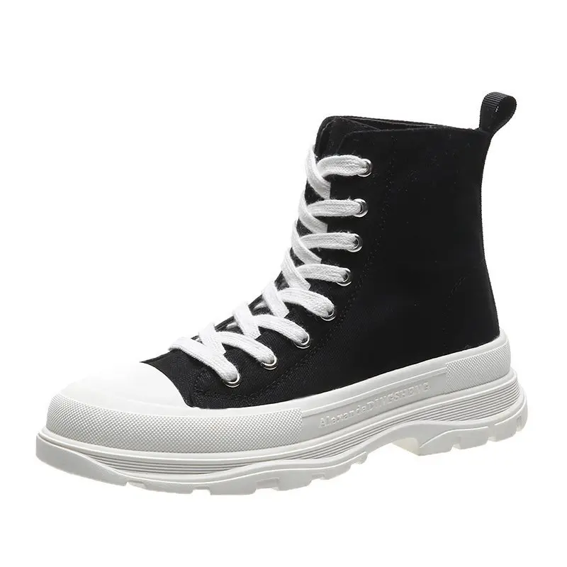 

High-top Canvas Boots Women Breathable Street Style Fashion Thick Bottom Short Boots Women Casual Lace Up Platform Sneakers